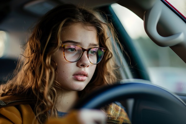 A young female teen with glasses driving a car, exhibiting a concentrated expression, possibly learning to drive.