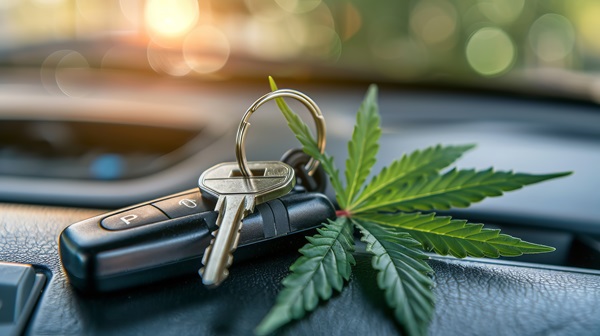 Car keys with a marijuana leaf placed on a vehicle dashboard.
