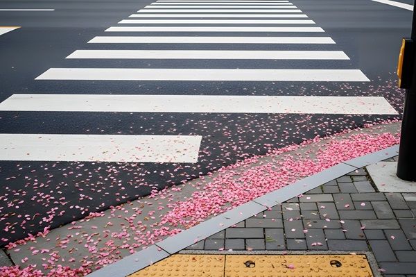 Crosswalk with pink flower petals scattered on the pavement and curb on a city street.
