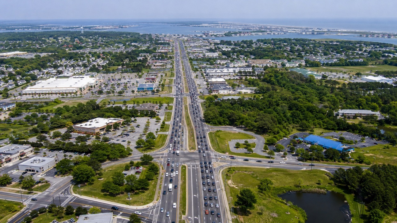 An aerial drone view of heavy vehicle traffic moving along a straight, multi-lane divided highway in Delaware lined with commercial shopping centers, parking lots, and green spaces, stretching toward a distant bay and coastal peninsula under a clear blue sky.
