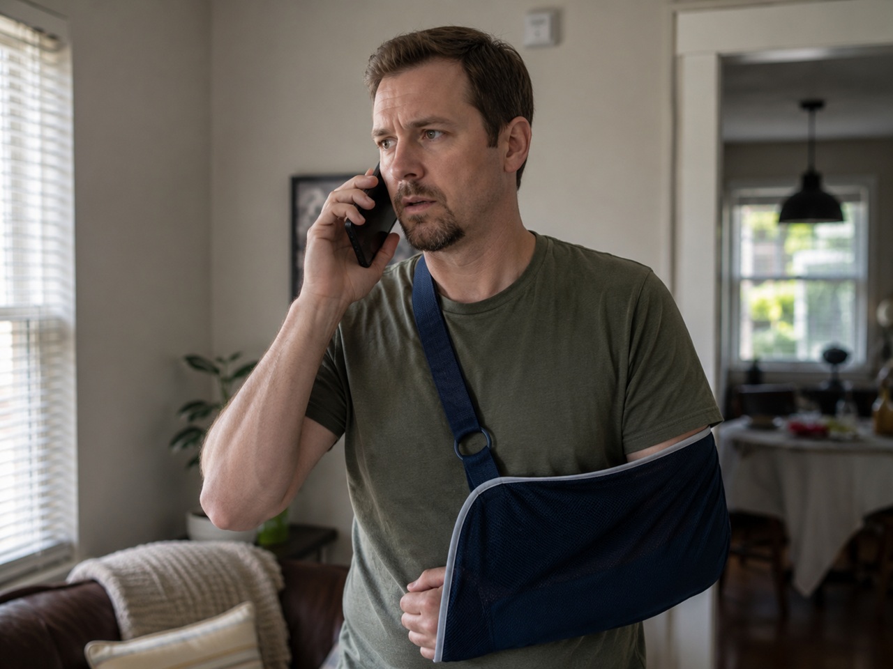 A concerned man with a goatee wearing his left arm in a dark blue medical sling stands in his living room while talking on a smartphone, representing an injured driver discussing case timelines, insurance documentation, and the statute of limitations filing deadlines for a Delaware car accident claim.