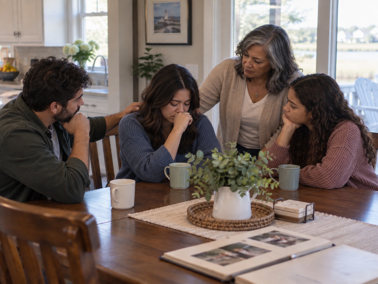A grieving Delaware family gathered around a kitchen table with a photo album, comforting one another, illustrating the emotional and financial losses considered in a wrongful death damages claim.
