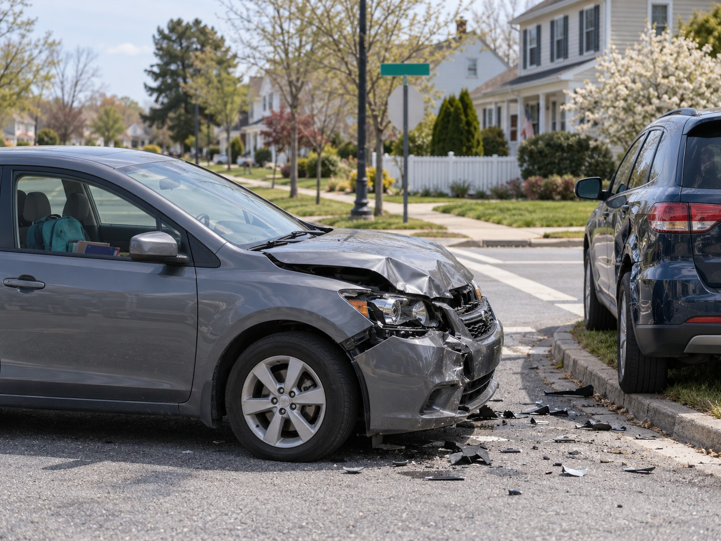 Damaged cars after a crash on a residential street in Delaware.