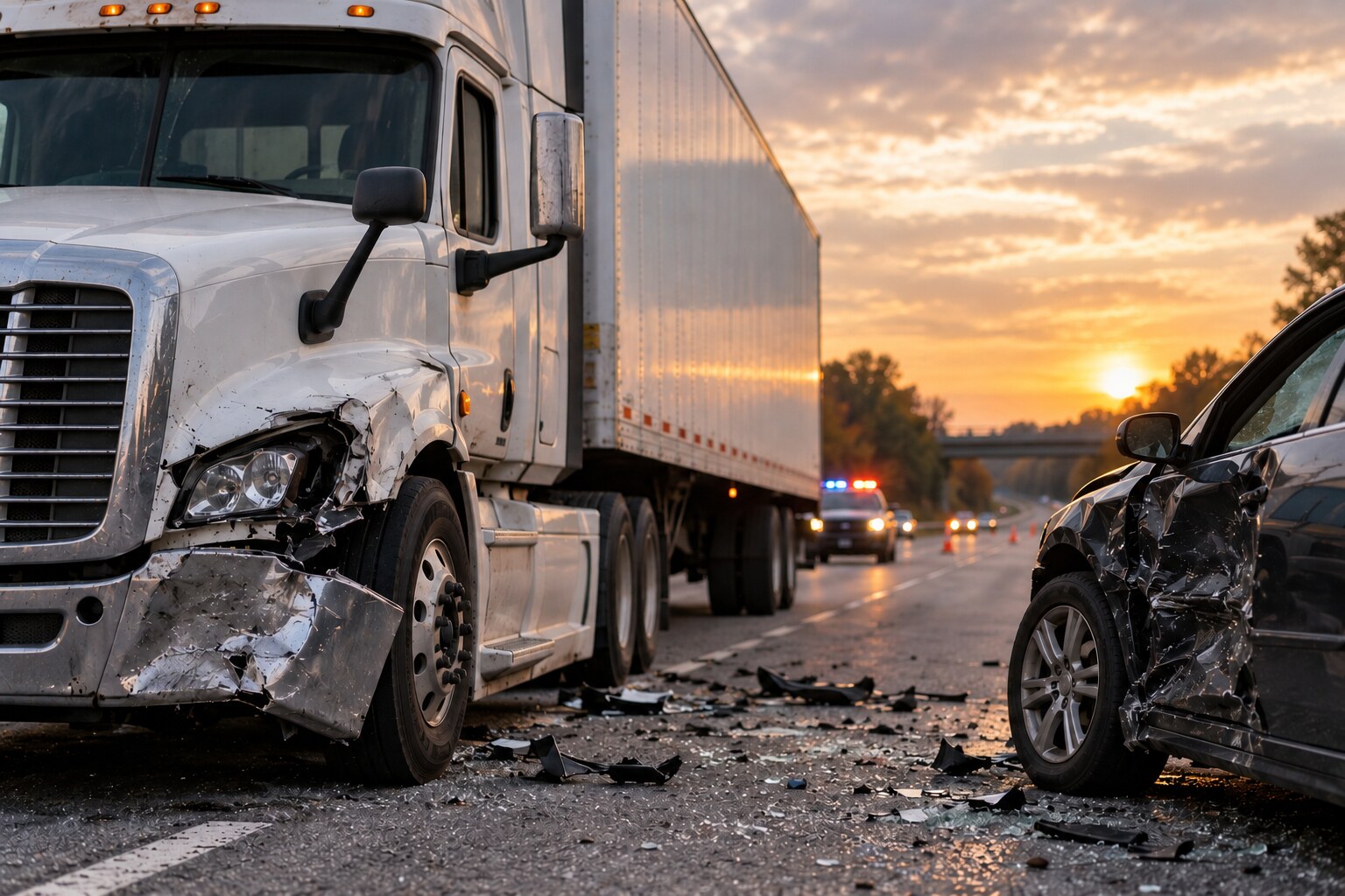 Damaged tractor-trailer and passenger car after a highway crash at sunset, with debris and emergency vehicles in the distance.
