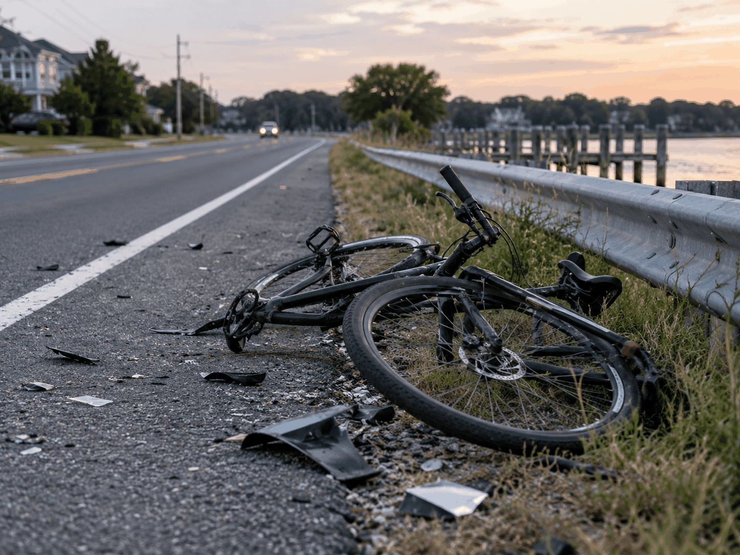 Damaged bicycle lying beside a Delaware roadway after a hit-and-run, with scattered vehicle debris and no people present.