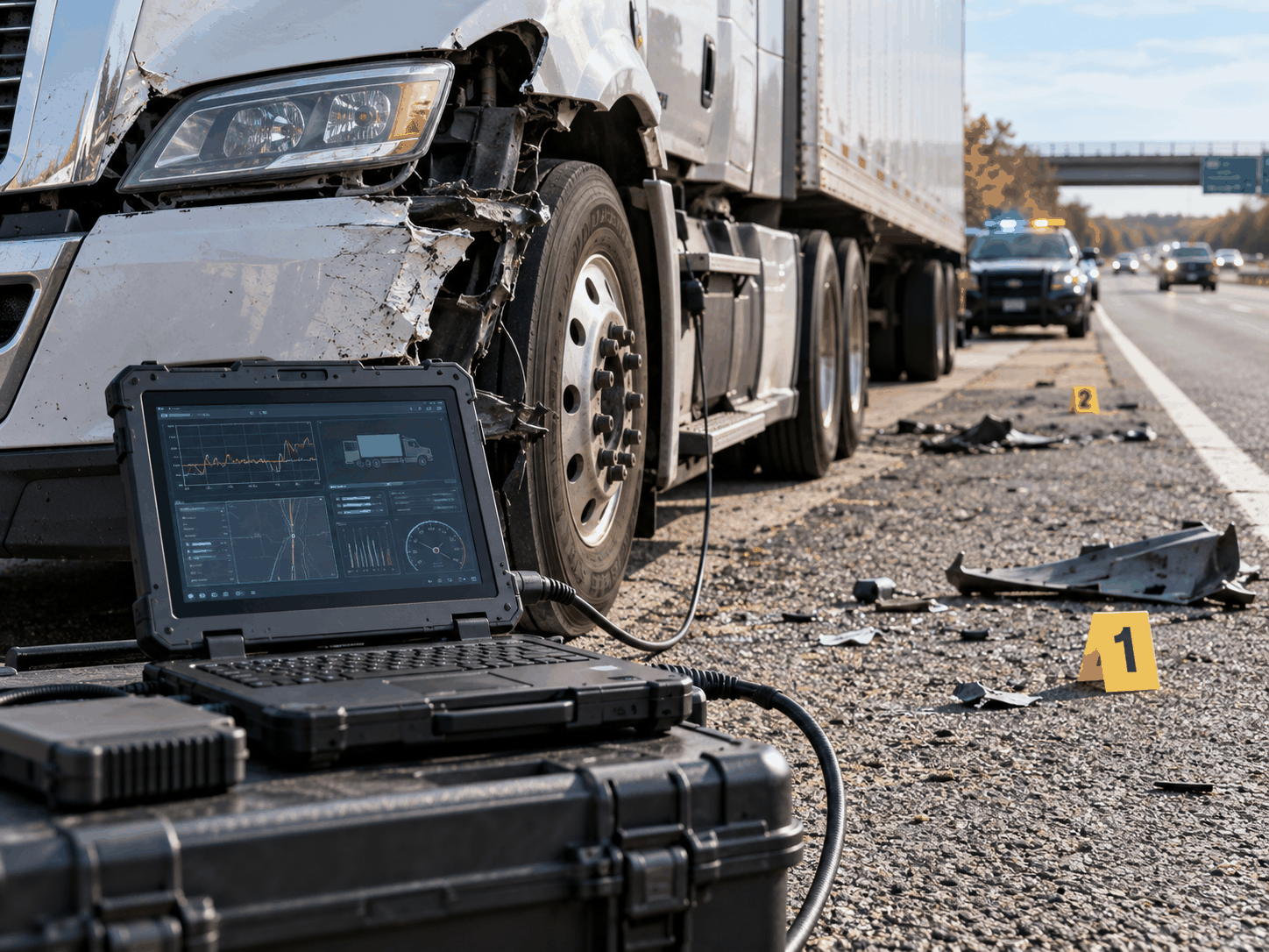 Damaged semi-truck on a Delaware highway with a diagnostic computer displaying black box data beside the crash scene.